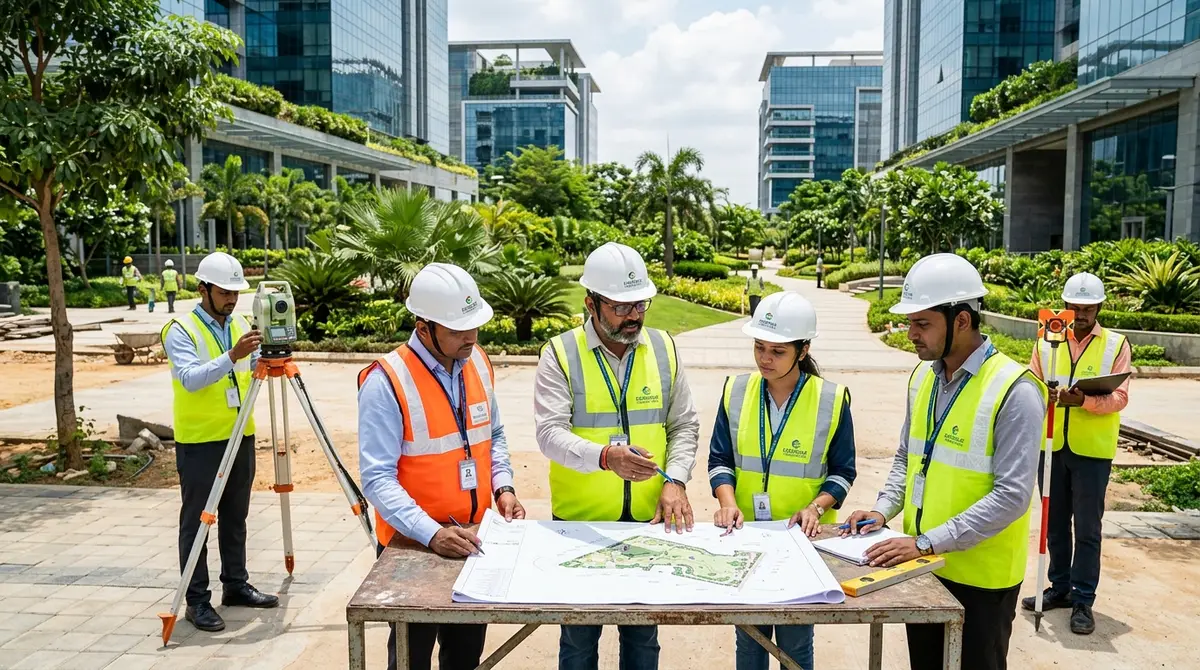 Our team reviewing a landscape plan on site