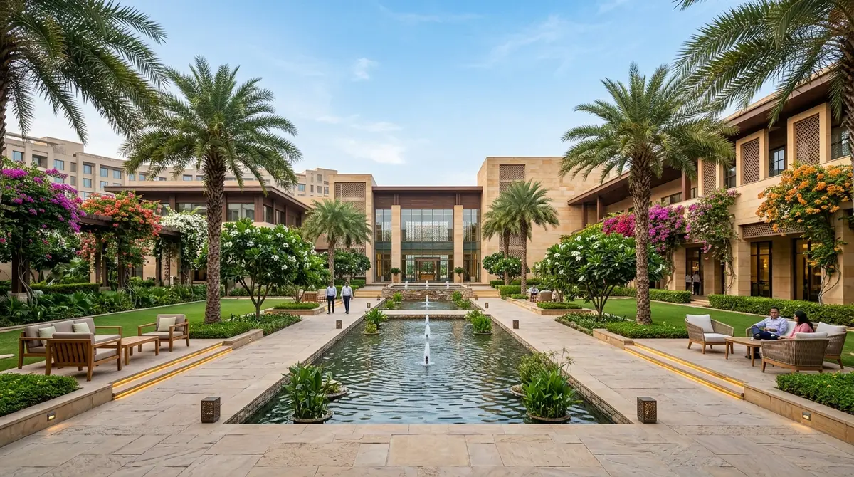Landscaped courtyard with a water channel, palms and seating
