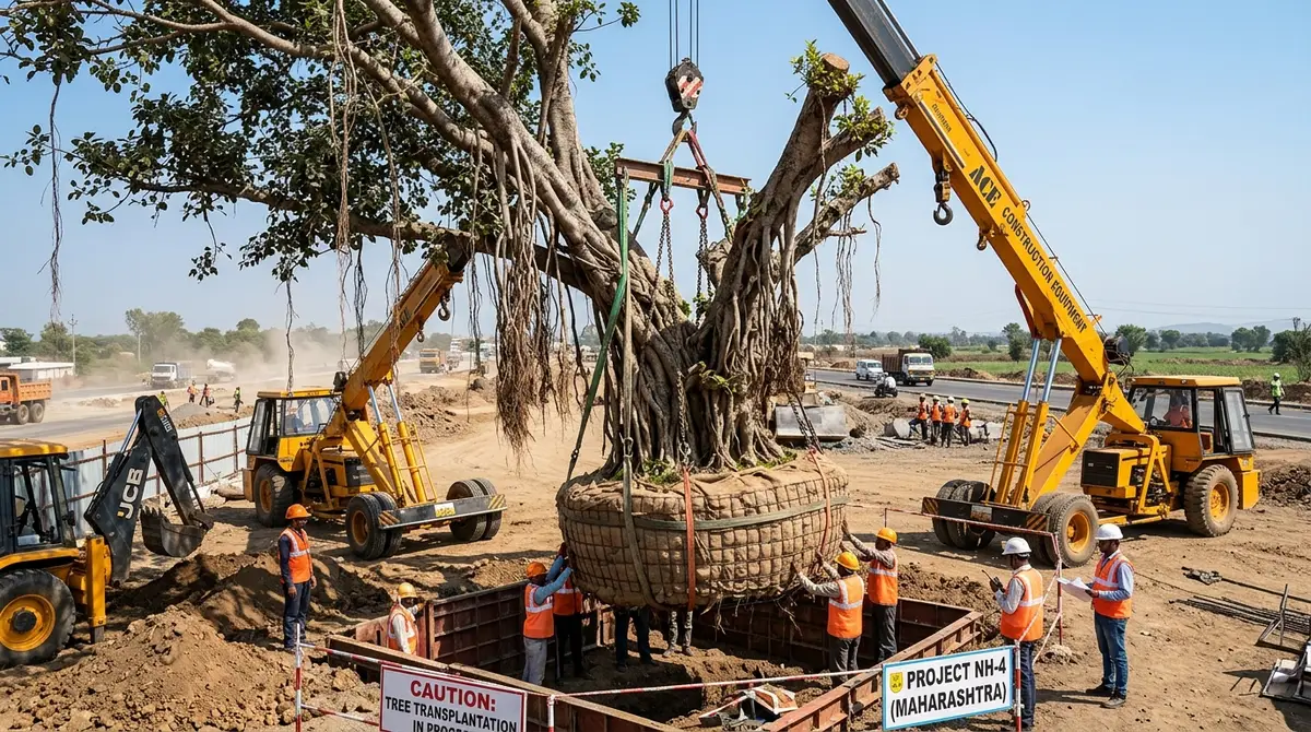 Mature tree being lifted by crane for transplantation