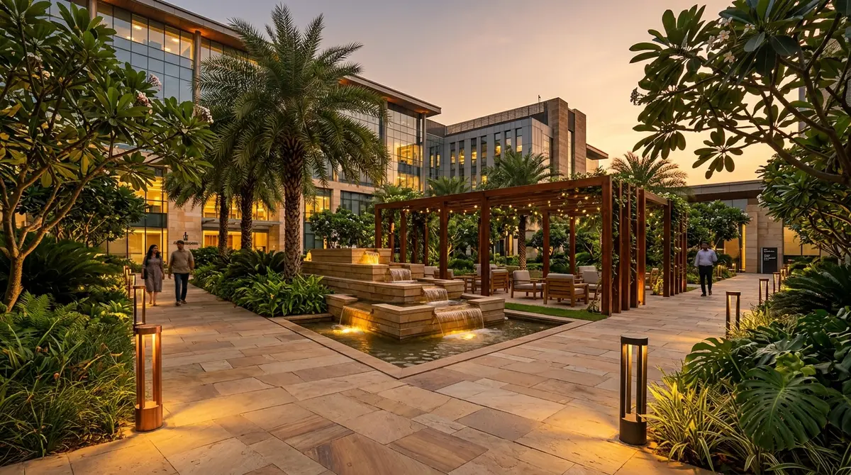 Stone-paved courtyard with pergola and path lighting