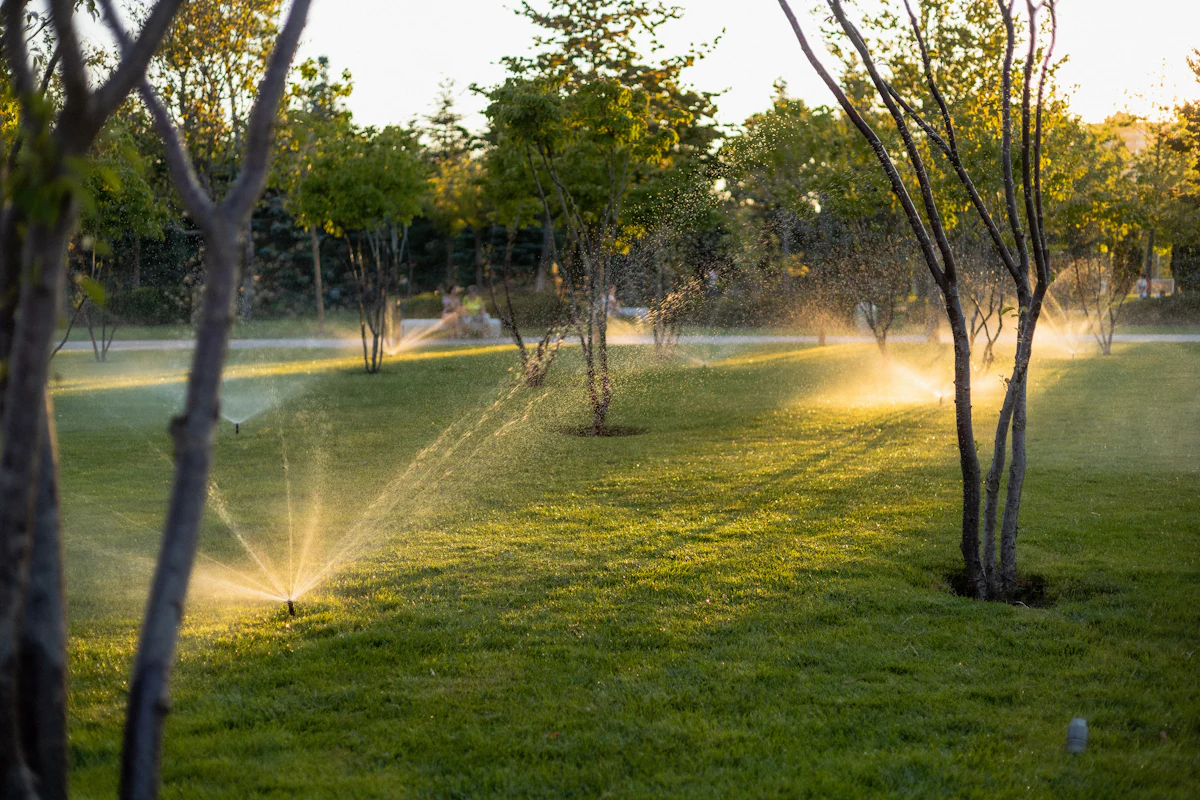 Sprinklers watering a lawn between trees at sunset