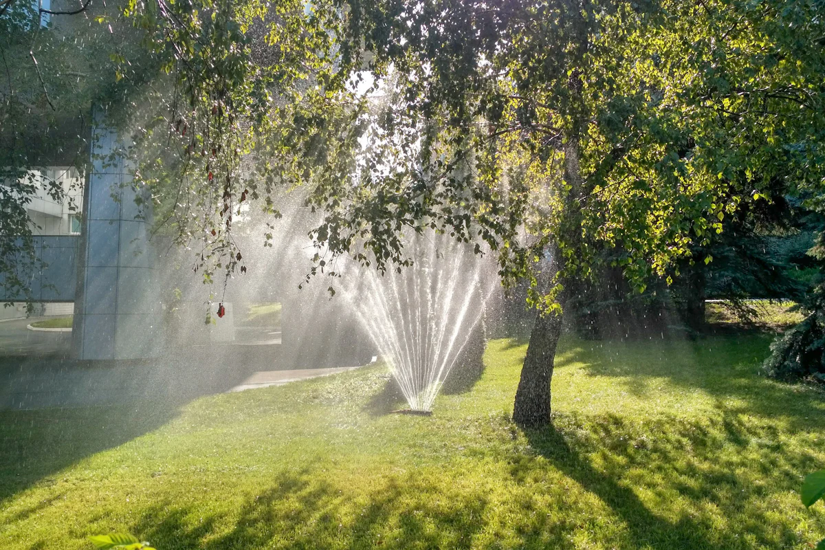 Sprinkler watering a lawn under a tree